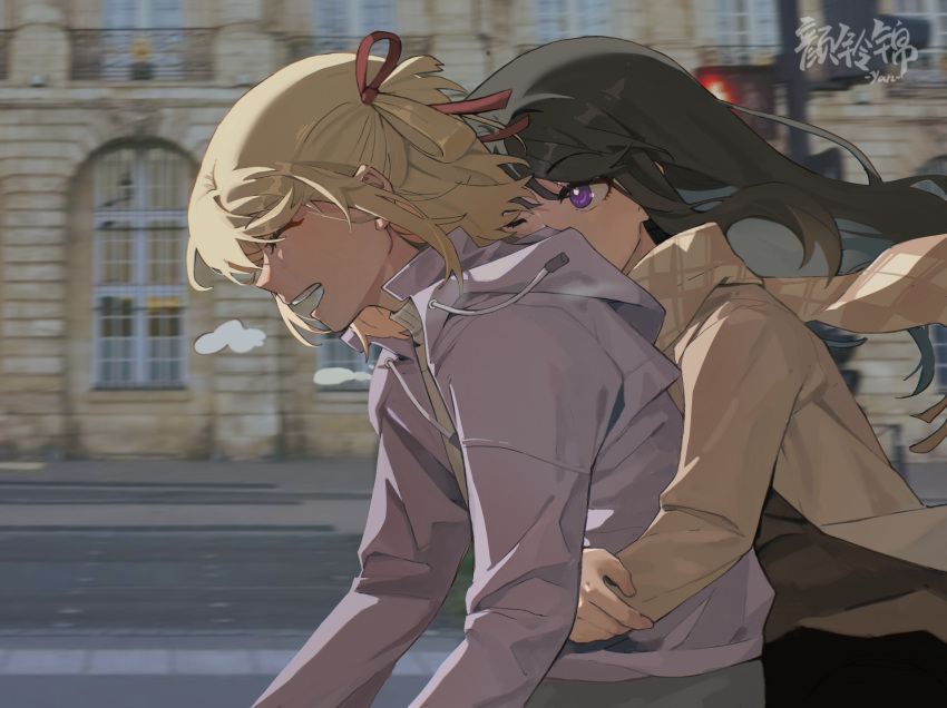 2girls bicycle black_hair blonde_hair blurry blurry_background breath brown_jacket brown_scarf checkered_clothes checkered_scarf chinese_commentary closed_eyes commentary_request hair_ribbon highres hug hug_from_behind inoue_takina jacket long_hair long_sleeves lycoris_recoil medium_hair multiple_girls nishikigi_chisato open_mouth outdoors purple_jacket red_ribbon ribbon riding riding_bicycle scarf smile upper_body violet_eyes yanlingjinshilihuahua