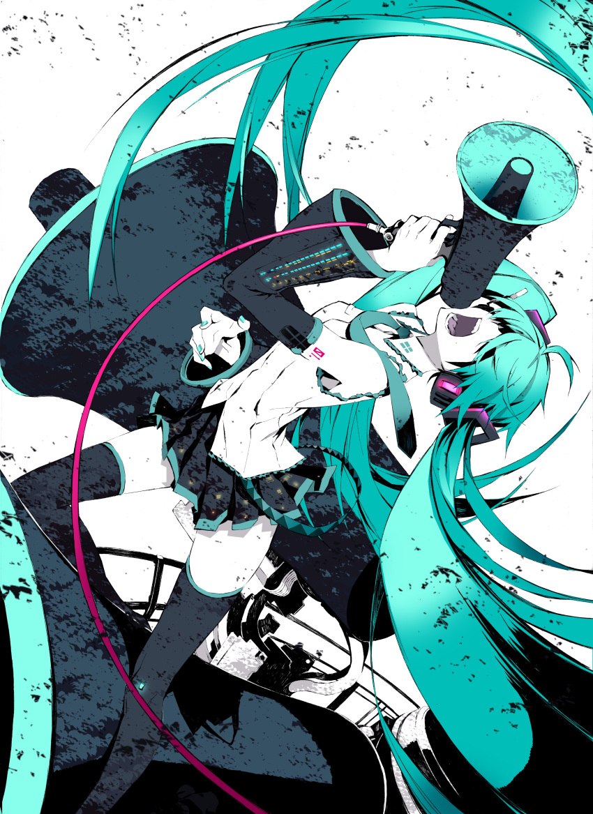 1girl absurdres ahoge aqua_hair aqua_nails arm_tattoo belt black_skirt black_thighhighs boots breasts cable collared_shirt covered_eyes detached_sleeves feet_out_of_frame hair_ornament hair_over_eyes hand_up hatsune_miku headphones highres holding koi_wa_sensou_(vocaloid) long_hair megaphone miniskirt miwa_shirow nail_polish official_art open_mouth oversized_object partially_colored pleated_skirt shirt shouting sideways skirt sleeveless sleeveless_shirt small_breasts solo supercell tattoo teeth thigh-highs thigh_boots twintails very_long_hair vocaloid white_background white_shirt zettai_ryouiki