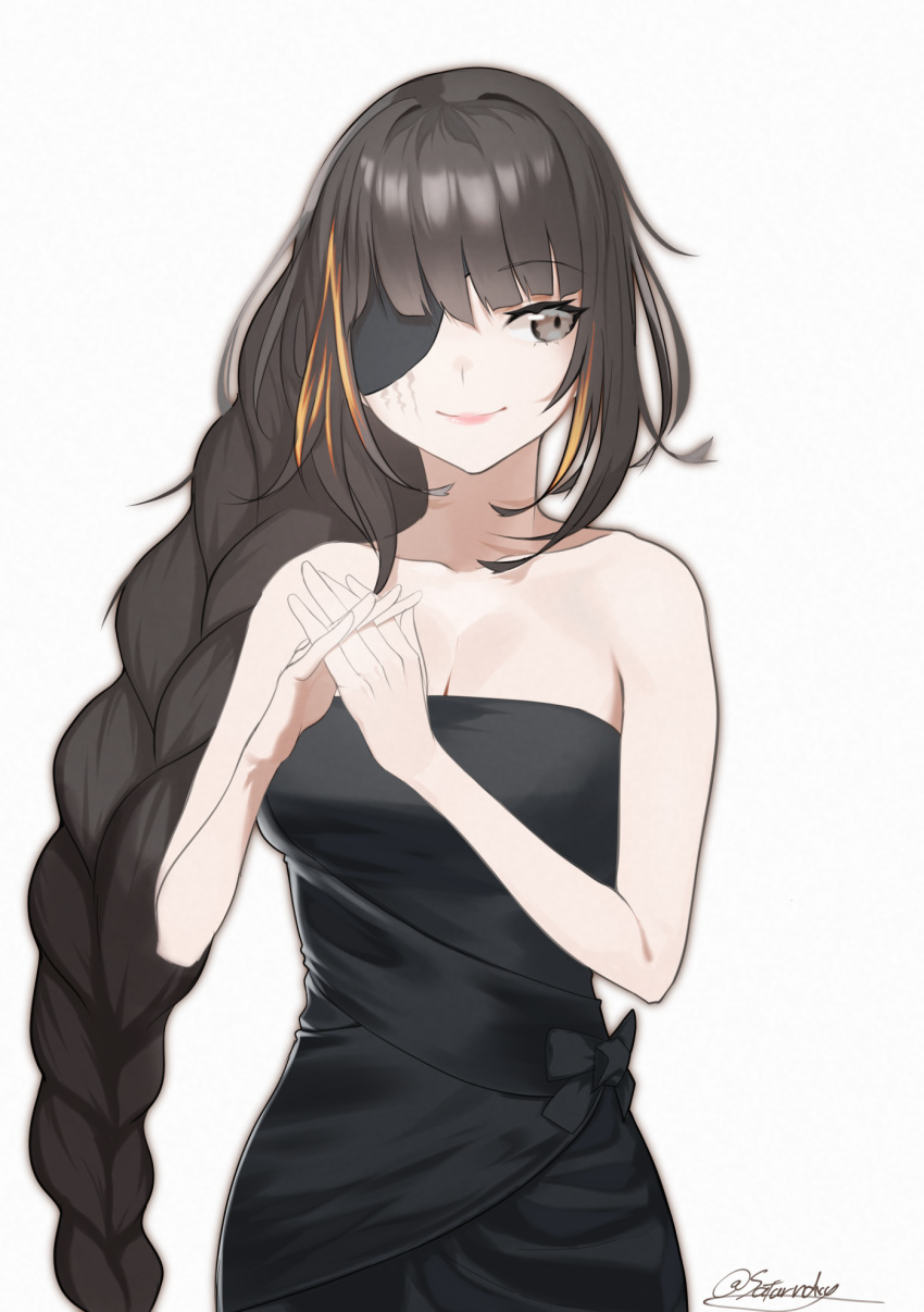 1girl black_dress braid breasts brown_eyes brown_hair closed_mouth dress eyepatch girls_frontline highres looking_to_the_side m16a1_(girls'_frontline) mole mole_under_eye multicolored_hair own_hands_together saturndxy scar simple_background