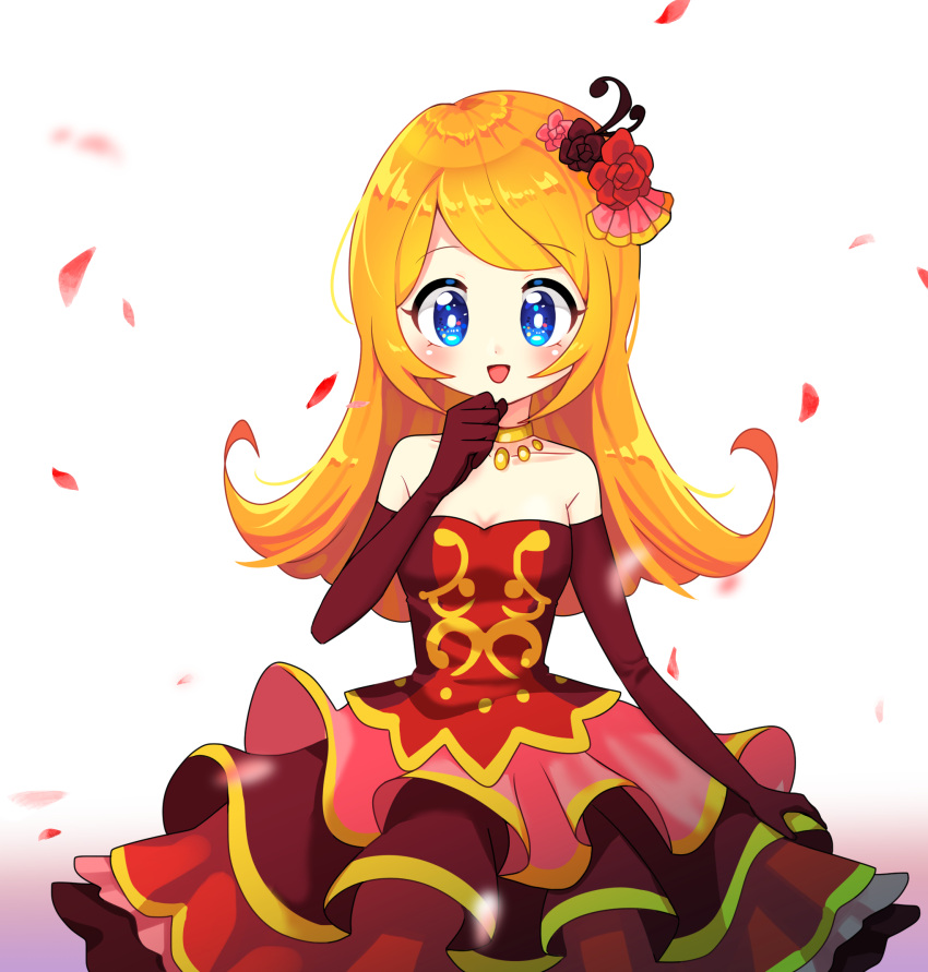 1girl blue_eyes blush dress elbow_gloves flower frilled_dress frills gloves gold_necklace hair_flower hair_ornament highres jewelry long_hair looking_at_viewer mona_(warioware) necklace off-shoulder_dress off_shoulder offbeat open_mouth orange_hair petals smile warioware warioware_gold