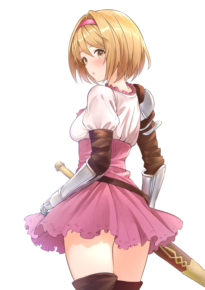 1girl absurdres b1ack_illust blonde_hair boots brown_eyes brown_footwear djeeta_(granblue_fantasy) dress frills from_behind gauntlets granblue_fantasy hairband highres looking_back neck open_mouth pink_dress pink_hairband puffy_sleeves scabbard sheath short_hair solo thigh_boots zettai_ryouiki