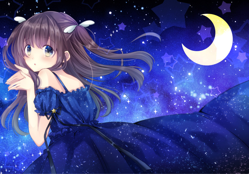 1girl absurdres bare_shoulders black_ribbon blue_background blue_dress blue_eyes brown_hair cocoa_kichigo crescent crescent_moon detached_sleeves dress frilled_dress frills from_behind gradient_eyes hair_ornament hands_up highres long_hair looking_at_viewer looking_back moon multicolored_eyes open_mouth original ribbon solo space star_(sky) star_(symbol) starry_sky_print twintails wing_hair_ornament yellow_eyes