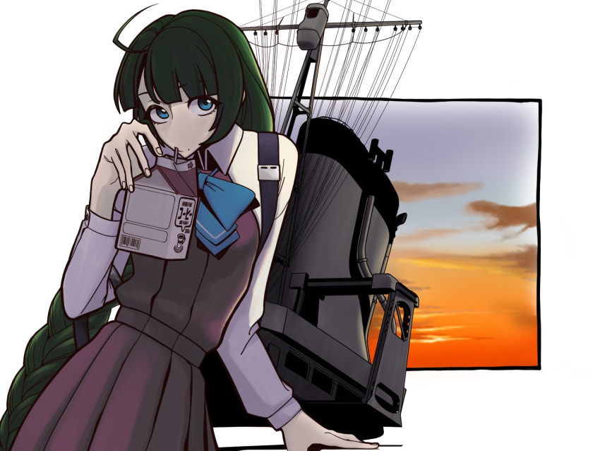 1girl ahoge blue_bow blue_bowtie blue_eyes bow bowtie braid carton clouds dress drinking_straw drinking_straw_in_mouth highres holding_carton kantai_collection long_hair long_sleeves looking_at_viewer mole mole_under_mouth mutagimi outdoors purple_dress rigging school_uniform shirt single_braid sky solo sunset very_long_hair white_shirt yuugumo_(kancolle)
