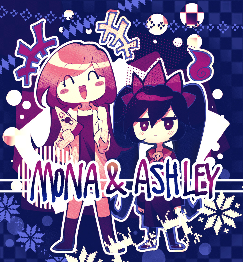 2girls absurdres ashley_(warioware) black_hair blush character_name closed_eyes coat food hair_ornament highres long_hair looking_at_viewer mona_(warioware) multiple_girls offbeat open_clothes open_coat open_mouth orange_hair pizza pizza_slice twintails warioware white_coat