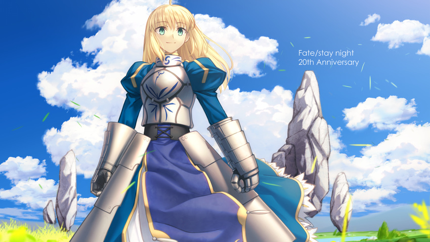 1girl ahoge anniversary armor armored_dress artoria_pendragon_(fate) blonde_hair closed_mouth clouds copyright_name corset fate/stay_night fate_(series) faulds floating_rock gauntlets grass green_eyes hair_undone highres juliet_sleeves long_hair long_sleeves looking_at_viewer outdoors parody puffy_sleeves saber_(fate) shoori_(migiha) sidelocks sky smile solo style_parody takeuchi_takashi_(style)