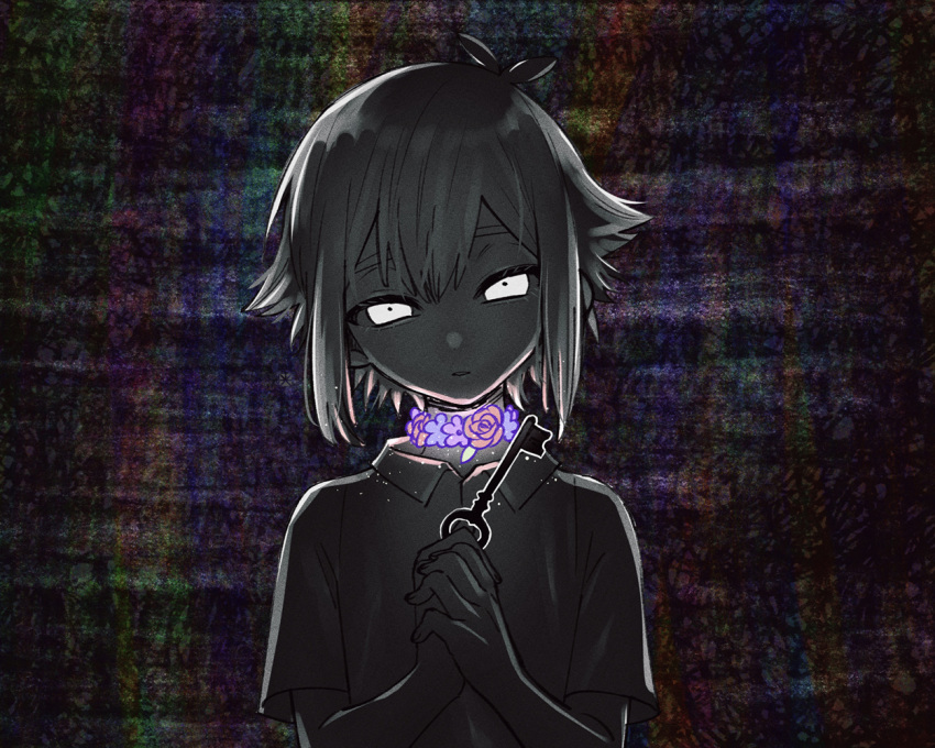 1boy abstract_background antenna_hair basil_(omori) child collared_shirt commentary_request expressionless flower_collar flower_wreath glowing glowing_eyes hands_up holding holding_key key looking_at_viewer male_focus omori own_hands_clasped own_hands_together parted_lips shirt short_hair short_sleeves solo toastytoast upper_body white_eyes