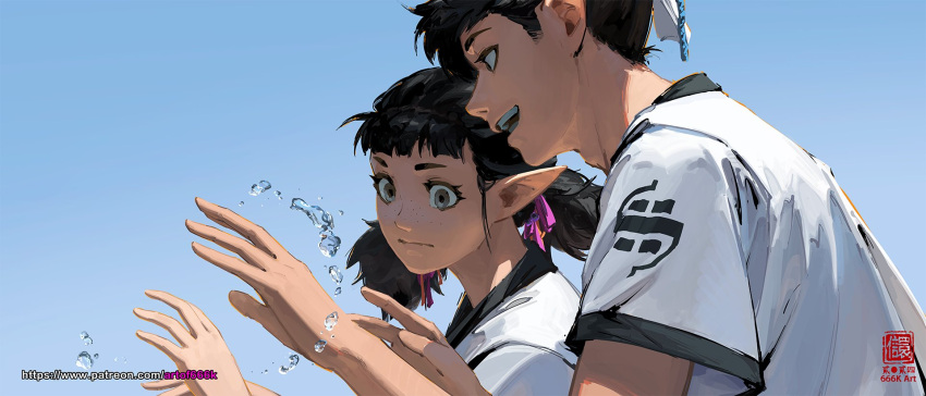 1boy 1girl black_hair commentary day english_commentary from_side grey_eyes hands_up highres hydrokinesis kan_liu_(666k) original outdoors patreon_username pointy_ears profile seal_impression shirt short_hair short_sleeves signature sky teaching teeth twintails upper_body upper_teeth_only water white_shirt