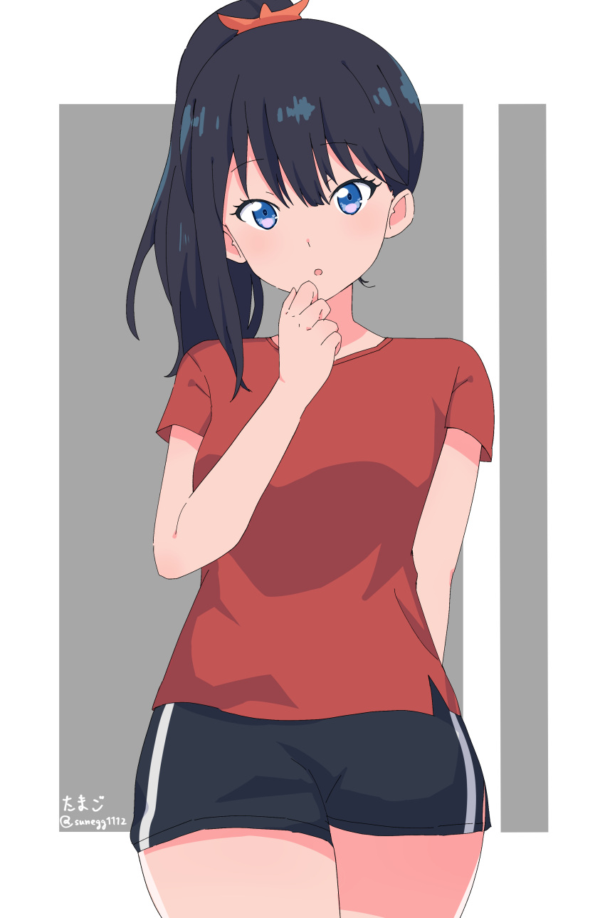 1girl absurdres arm_behind_back black_hair black_shorts blue_eyes breasts commentary gridman_universe highres long_hair looking_at_viewer open_mouth ponytail red_shirt red_t-shirt shirt shorts solo ssss.gridman t-shirt takarada_rikka tamago_(uhdr2338) thighs