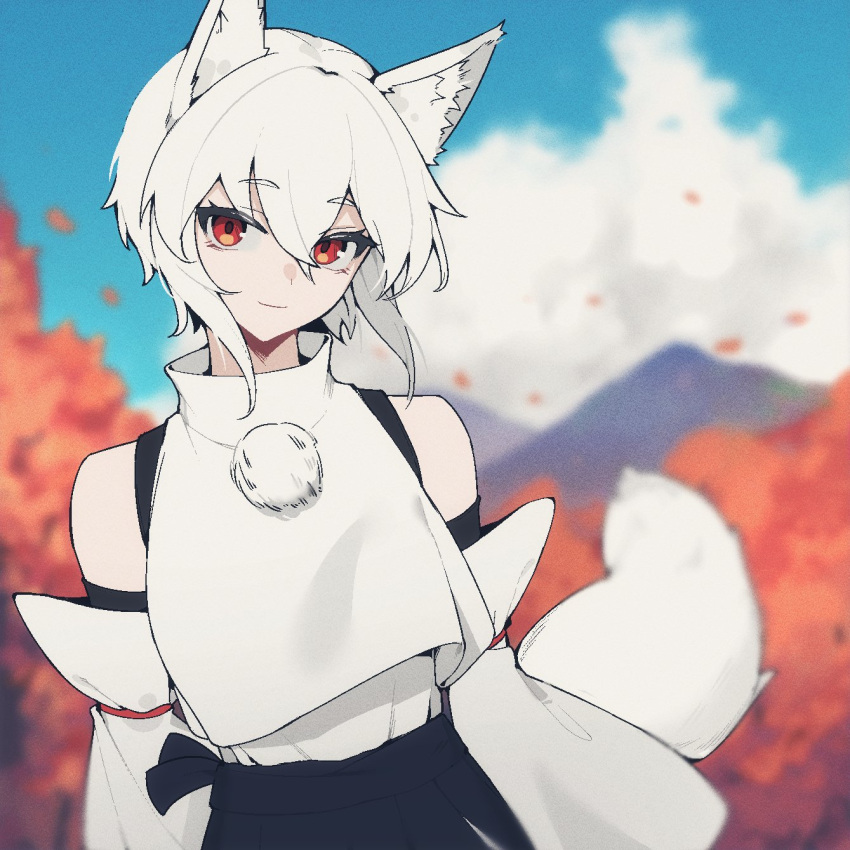 1641_(chfhrtor94) 1girl animal_ears autumn bare_shoulders blue_sky blurry blurry_background clouds detached_sleeves highres inubashiri_momiji looking_at_viewer red_eyes short_hair sidelocks sky smile solo tail touhou white_hair wolf_ears wolf_girl wolf_tail youkai_mountain