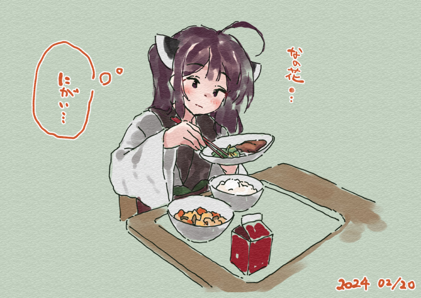 1girl ahoge blush bowl brown_eyes brown_hair chopsticks closed_mouth dated food food_request green_background headgear holding holding_chopsticks holding_plate japanese_clothes kimono lamb_(hitsujiniku) long_sleeves plate rice rice_bowl simple_background solo table touhoku_kiritan translation_request twintails voiceroid white_kimono wide_sleeves