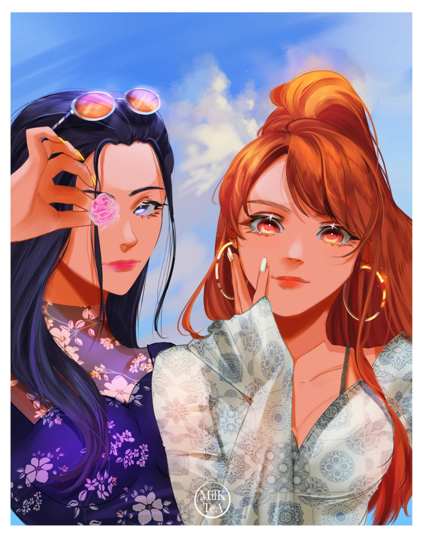 2girls arabic_commentary black_hair blue_eyes commentary_request earrings eyewear_on_head floral_print flower hand_on_own_cheek hand_on_own_face high_ponytail highres holding holding_flower jewelry light_smile long_hair looking_at_viewer milktea_tq multiple_girls nami_(one_piece) nico_robin one_piece orange_eyes orange_hair pink_lips ponytail purple_shirt shirt sky upper_body watermark white_nails yellow_nails