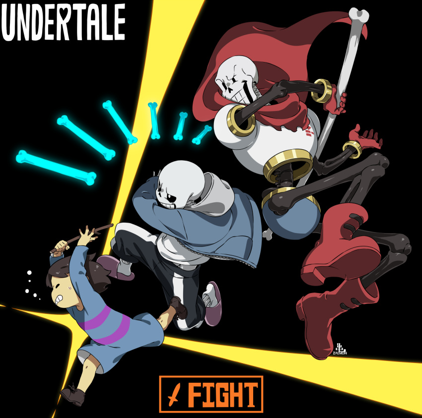 1other 2boys androgynous ankle_boots arms_up black_background black_shorts blue_jacket bone boots brothers brown_footwear brown_hair cape cel_shading child clenched_teeth closed_eyes commentary copyright_name floating floating_cape floating_object frisk_(undertale) from_side full_body gameplay_mechanics gloves grin highres holding holding_bone holding_stick hood hood_down hooded_jacket jacket jumping kamezaemon male_focus midair multiple_boys papyrus_(undertale) pink_footwear red_cape red_footwear red_gloves romper sans shirt shoes short_hair shorts siblings simple_background skeleton slippers smile socks stick teeth undertale white_shirt white_socks