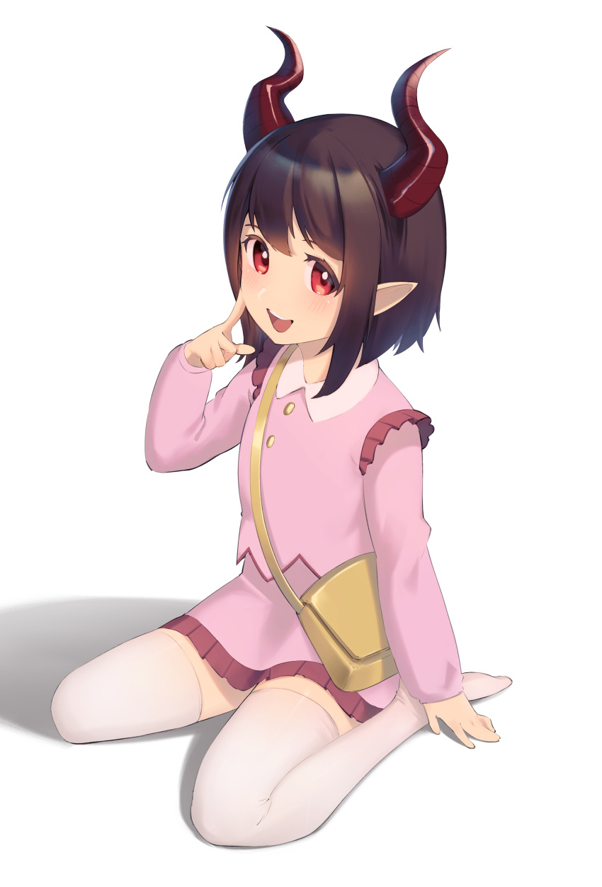 1girl absurdres bag brown_hair grand_summoners highres horns leone_(grand_summoners) loli open_mouth pointy_ears puppuppa red_eyes short_hair sitting thigh-highs
