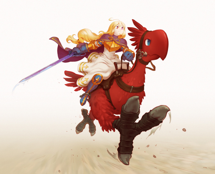 1girl absurdres ahoge artist_request beak bird blonde_hair blue_cape blue_eyes blue_gloves boots cape chocobo commission feathers final_fantasy final_fantasy_tactics gloves highres holding holding_reins holding_sword holding_weapon long_hair ovelia_atkascha red_feathers reins riding riding_animal riding_bird saddle smile source_request sword talons third-party_source violet_eyes weapon