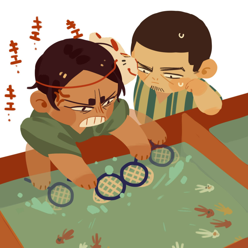 2boys afterimage anger_vein black_eyes brown_hair chengongzi123 clenched_teeth closed_mouth constricted_pupils dark-skinned_male dark_skin deformed facial_hair fish fishing_net fox_mask frustrated goatee golden_kamuy green_kimono hand_up hands_up head_rest highres holding japanese_clothes kimono koito_otonoshin long_sleeves looking_at_animal looking_at_another mask mask_on_head multiple_boys short_hair simple_background splashing summer_festival teeth tsukishima_hajime upper_body very_short_hair water white_background wide_sleeves yukata