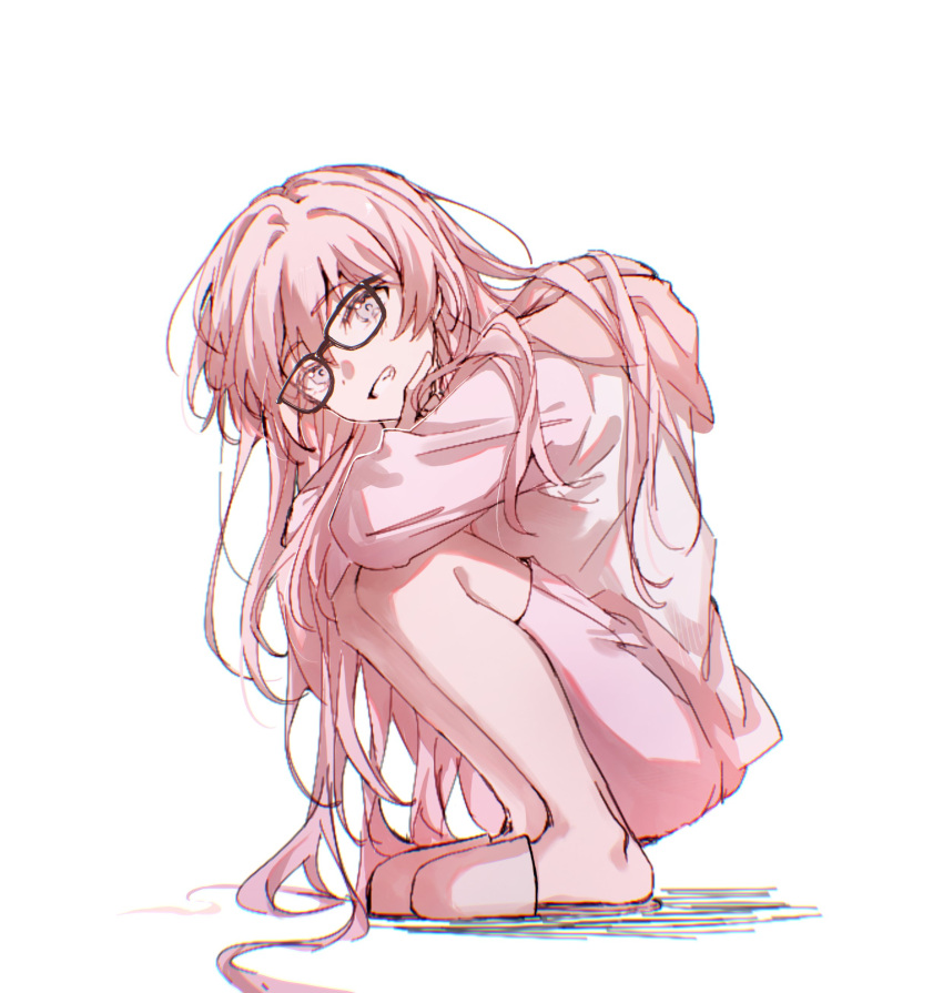 1girl absurdres bang_dream! bang_dream!_it's_mygo!!!!! chihaya_anon chinese_commentary commentary_request full_body glasses highres hood hood_down hoodie long_hair long_sleeves looking_at_viewer muonrei00 pink_eyes pink_footwear pink_hair pink_hoodie shadow slippers solo squatting white_background