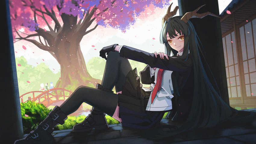 1girl architecture black_footwear black_gloves black_hair black_jacket black_thighhighs boots bridge brown_necktie brown_skirt cherry_blossoms chinese_commentary closed_mouth commentary_request east_asian_architecture from_side full_body gloves grass green_eyes hair_intakes highres horns jacket jiege long_hair long_sleeves looking_at_viewer necktie open_clothes open_jacket original partial_commentary pillar pleated_skirt shirt sidelocks sitting skirt smile solo thigh-highs tree very_long_hair white_shirt