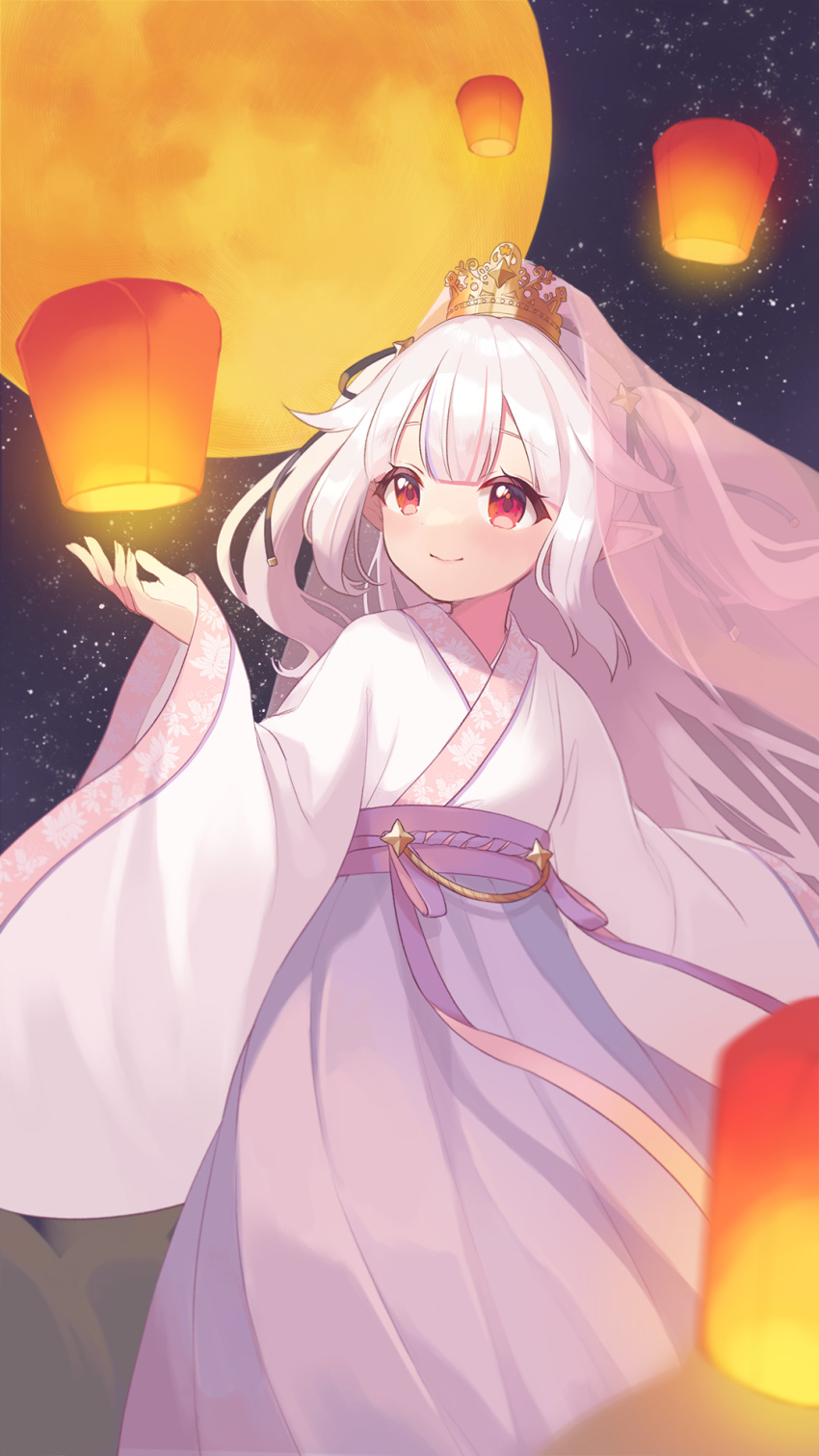 1girl clothing_request crown full_moon hair_ribbon highres kamogawa_akira lantern long_hair long_sleeves mashiro_kanon mid-autumn_festival mini_crown moon night night_sky paryi_project pointy_ears red_eyes ribbon sky smile solo two_side_up veil very_long_hair virtual_youtuber white_hair wide_sleeves