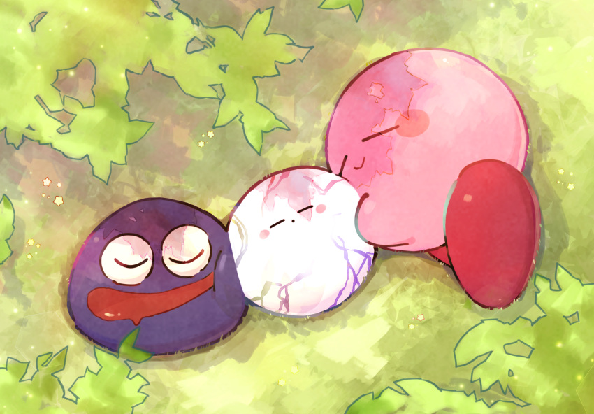 1boy 2others blue_skin blush_stickers closed_eyes colored_skin drooling gooey_(kirby) grass highres kirby kirby:_star_allies kirby_(series) mikanbako_(aitatadon3) no_humans pink_skin sleeping smile tree_shade void_(kirby) void_soul