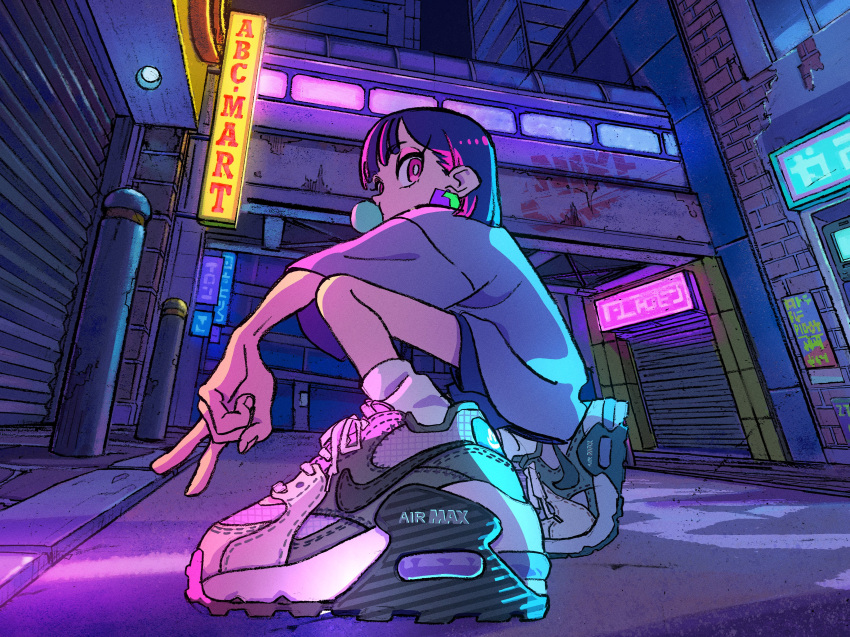 1girl absurdres air_max black_hair chewing_gum city commentary earrings eyeshadow glowing hanabushi highres jewelry kung-fu-piggy looking_at_viewer makeup multicolored_hair nike_(company) on_one_knee outdoors pink_eyes pink_hair sammy_(kung-fu-piggy) shoes short_sleeves shorts sign sneakers socks solo streaked_hair symbol-only_commentary v