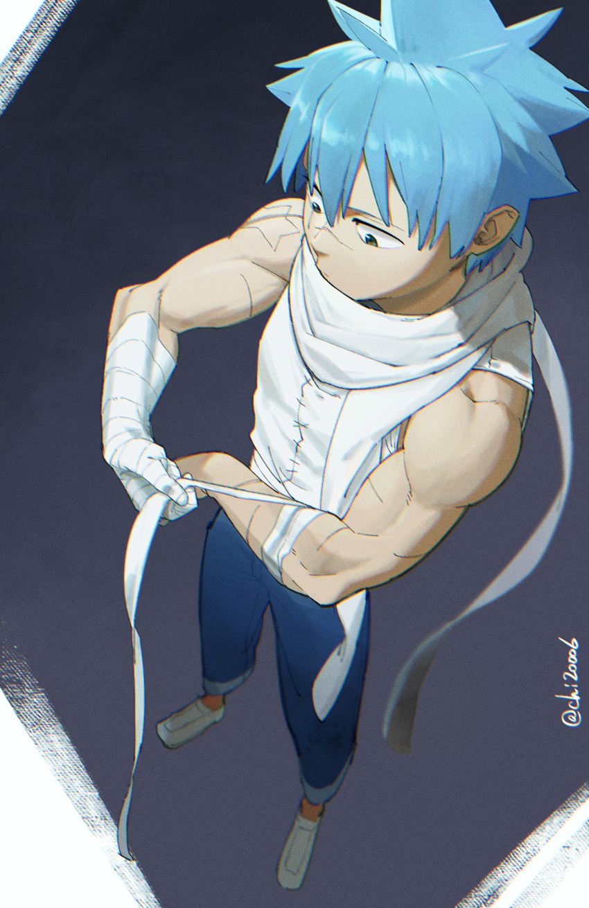1boy arm_wrap black_star blue_hair blue_pants closed_mouth commentary from_above from_side grey_background highres male_focus mekkichi multiple_scars pants scar scar_on_arm scar_on_face scar_on_nose scarf shirt shoes short_hair sleeveless sleeveless_shirt solo soul_eater standing star_(symbol) symbol-only_commentary toned toned_male twitter_username white_scarf white_shirt wrapping