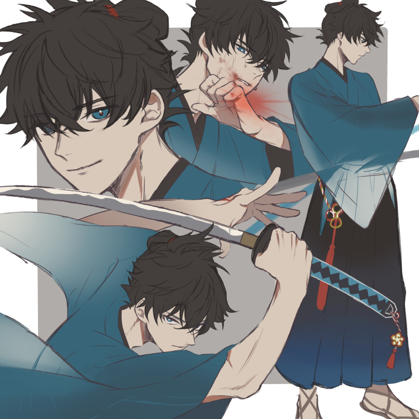 1boy black_hakama blood blood_on_face blue_eyes blue_kimono border brown_hair closed_mouth commentary_request fate/samurai_remnant fate_(series) folded_ponytail grey_background hakama highres holding holding_sword holding_weapon japanese_clothes katana kimono long_sleeves looking_at_viewer male_focus miyamoto_iori_(fate) multiple_views roll_(rollcake0110) sandals short_hair simple_background smile solo_focus sword upper_body weapon white_border wide_sleeves