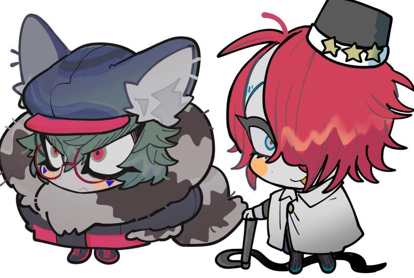 2boys animal_ears animal_hat black_footwear black_headwear cabbie_hat cape chibi closed_mouth commentary_request fake_animal_ears full_body fur_collar glasses green_hair hair_between_eyes hair_over_one_eye hat highres holding holding_whip long_sleeves looking_at_viewer male_focus master_detective_archives:_rain_code multiple_boys na_6 open_mouth red-framed_eyewear red_eyes redhead round_eyewear shoes short_hair simple_background smile standing white_background white_cape yomi_hellsmile zilch_alexander