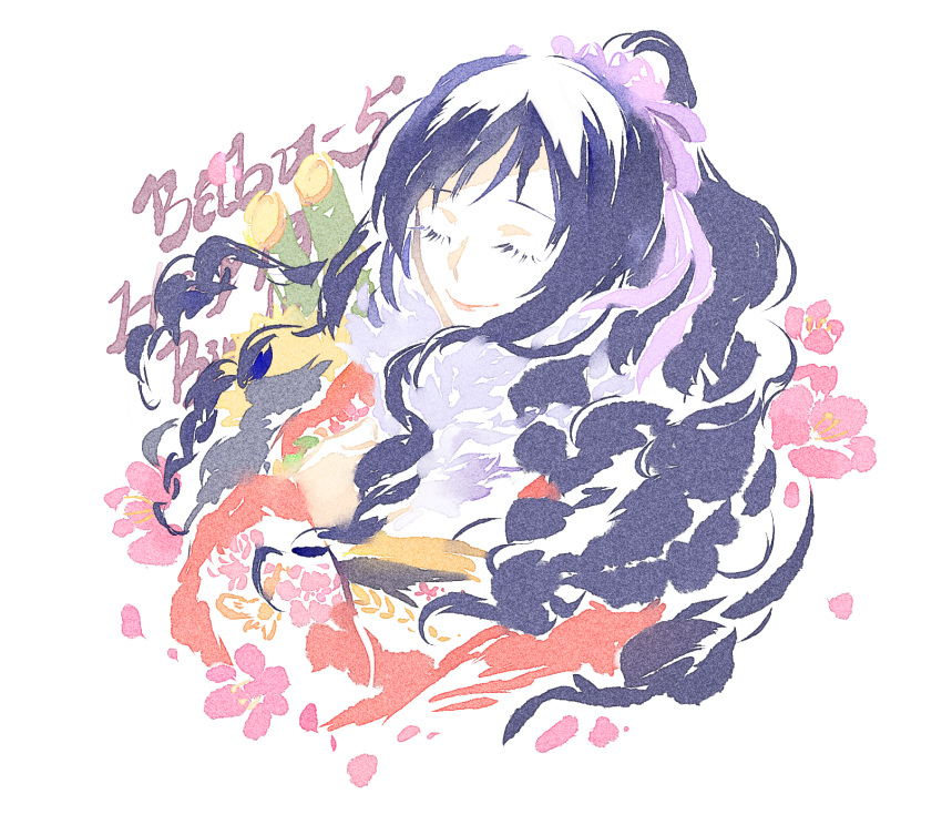 1girl baby_5 black_hair character_name chinese_commentary close-up closed_eyes commentary_request drill_hair fish191101756 flower hair_ribbon happy_birthday highres one_piece ponytail purple_ribbon ribbon smile solo upper_body