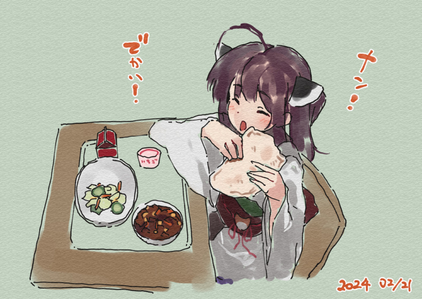 1girl ahoge blush brown_hair chair closed_eyes dated facing_viewer food food_request green_background headgear holding holding_food japanese_clothes kimono lamb_(hitsujiniku) long_sleeves obi on_chair open_mouth plate sash simple_background sitting solo table touhoku_kiritan translation_request twintails voiceroid white_kimono wide_sleeves