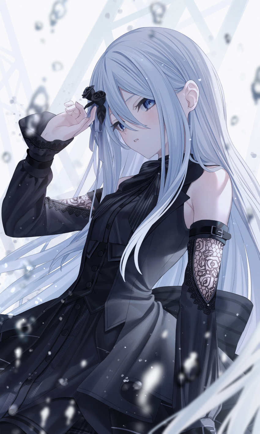 1girl absurdres black_bow black_dress black_flower black_rose blue_eyes blush bow bubble commentary detached_sleeves dress flower grey_hair hair_between_eyes hair_flower hair_ornament hand_up highres itsuka_zetsubou_no_soko_kara_(project_sekai) jimmy_madomagi lace-trimmed_sleeves lace_trim light_particles long_hair looking_at_viewer parted_lips project_sekai rose sidelocks sleeveless sleeveless_dress solo striped_bow swept_bangs truss vertical-striped_bow very_long_hair yoisaki_kanade