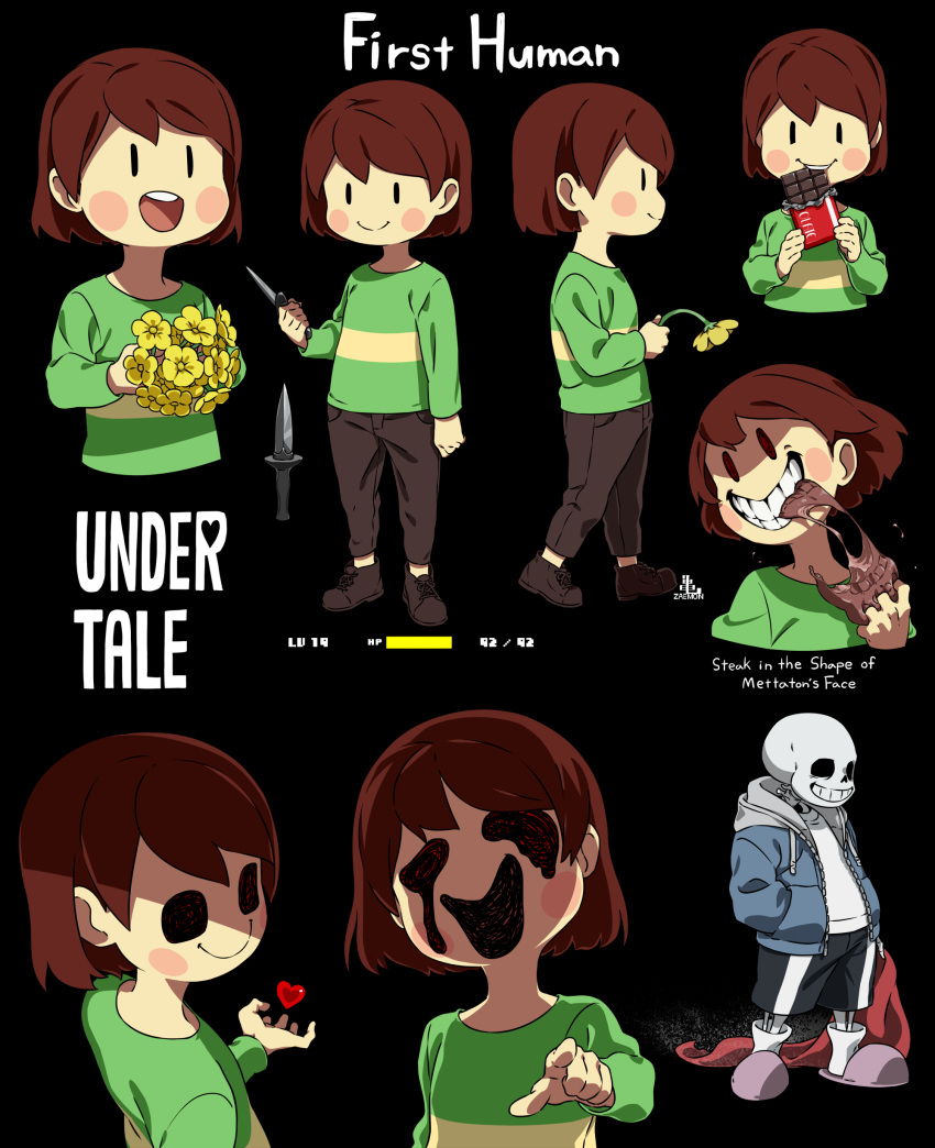 1boy 1other :d absurdres androgynous black_shorts blue_jacket blush_stickers bouquet brown_footwear brown_hair brown_pants candy cape cel_shading chara_(undertale) character_name child chocolate chocolate_bar commentary copyright_name crazy_eyes cropped_torso dagger eating evil_grin evil_smile flower food food_in_mouth full_body green_shirt grin hands_in_pockets health_bar heart highres holding holding_bouquet holding_cape holding_clothes holding_dagger holding_flower holding_knife holding_weapon hollow_eyes hollow_mouth hood hood_down hooded_jacket jacket kamezaemon knife long_sleeves looking_at_viewer melting_eyes multiple_views no_nose open_clothes open_jacket open_mouth other_focus pants pink_footwear pointing pointing_at_viewer red_cape sans shaded_face shirt shoes short_hair shorts skeleton slippers smile solid_oval_eyes solo_focus standing steak striped_clothes striped_shirt undertale unworn_cape walking weapon white_shirt yellow_flower