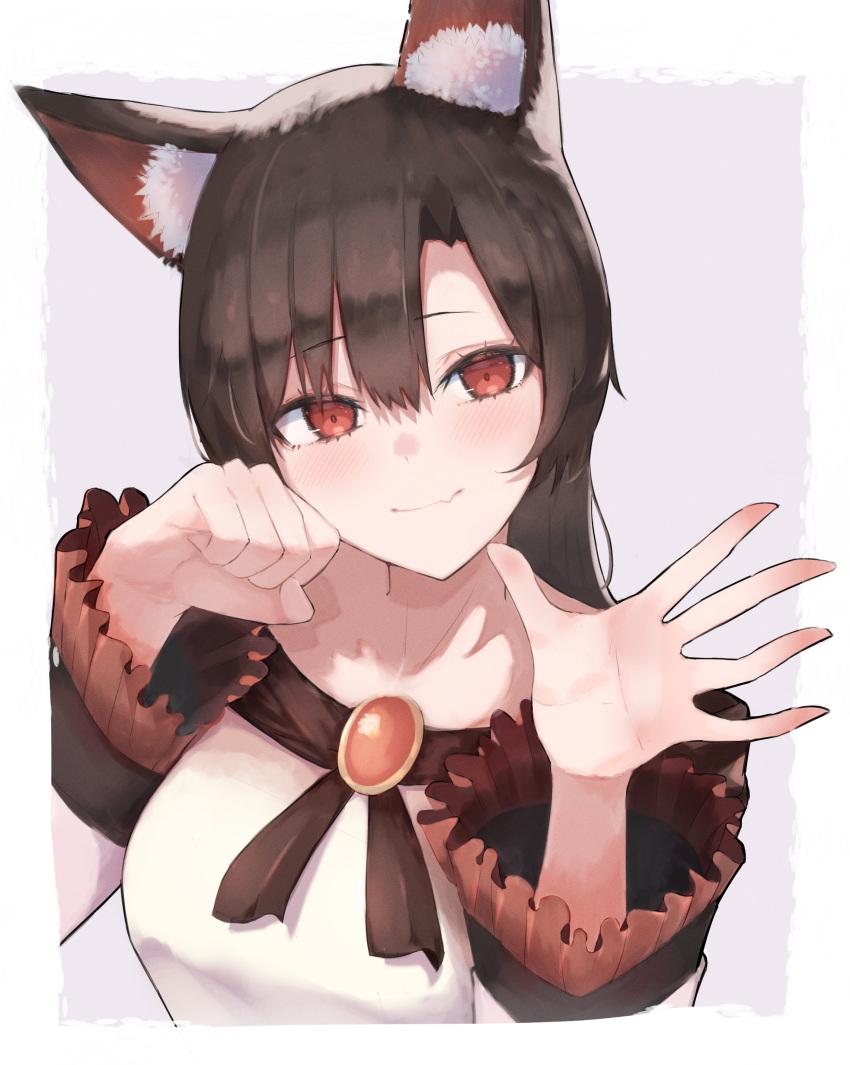 1girl absurdres animal_ear_fluff animal_ears bare_shoulders brown_hair collarbone dress frilled_sleeves frills hair_between_eyes highres imaizumi_kagerou long_sleeves pollux368 puffy_long_sleeves puffy_sleeves red_eyes smile solo touhou upper_body white_dress wolf_ears wolf_girl