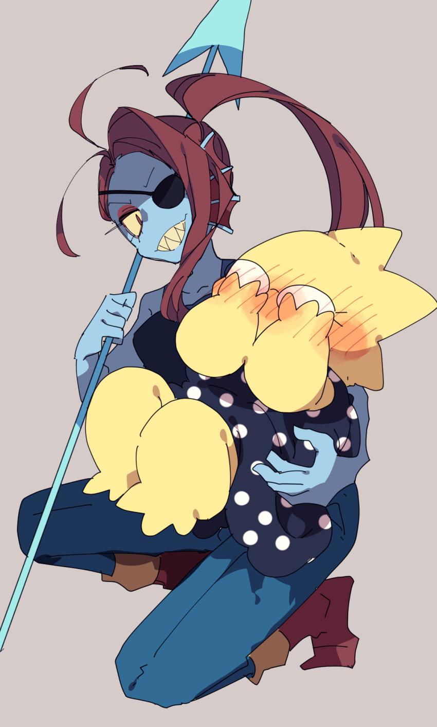 &gt;:) 2girls alphys ankle_boots antenna_hair blue_dress blue_skin blush boots brown_background carrying carrying_person colored_sclera colored_skin commentary covering_face denim dress eyepatch fewer_digits fins fish_girl from_side full-face_blush full_body furry furry_female glasses grin hands_on_own_face head_fins highres holding holding_polearm holding_weapon jeans knees_up long_hair multiple_girls nikorashi-ka on_one_knee one_eye_covered pants pink_eyes polearm polka_dot polka_dot_dress ponytail red_footwear redhead reptile_girl sharp_teeth shy simple_background sketch slit_pupils smile spear swept_bangs teeth undertale undyne v-shaped_eyebrows weapon yellow_sclera yellow_skin yuri