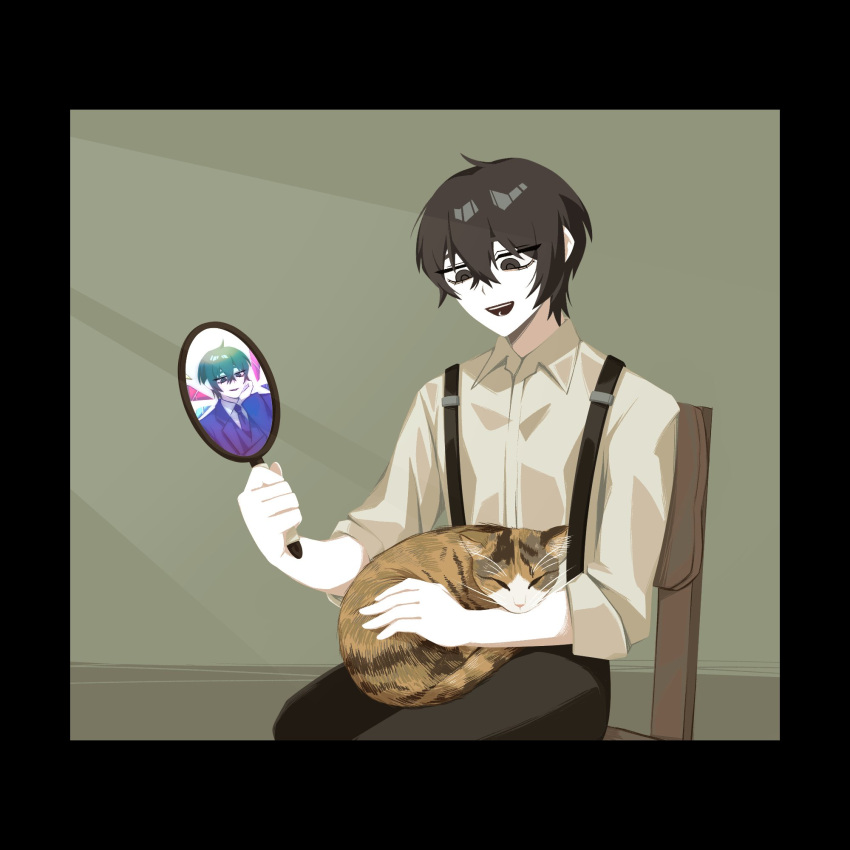 1boy animal_on_lap black_eyes black_hair black_pants cat cat_on_lap chair collared_shirt hand_mirror hand_up highres holding holding_mirror limbus_company long_sleeves mirror no_710 on_lap open_mouth pants project_moon sang_yi_(project_moon) shirt sitting smile suspenders white_shirt yi_sang_(project_moon)