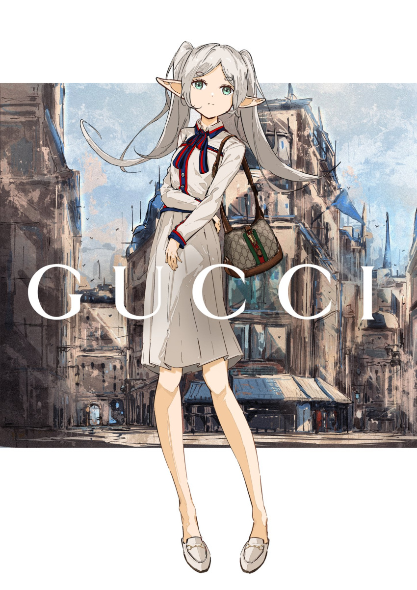 1girl bag blue_ribbon brown_bag commentary_request dress elf expressionless frieren full_body gucci hand_on_own_stomach highres legs letterboxed loafers long_hair long_sleeves looking_at_viewer neck_ribbon parted_bangs pointy_ears product_placement red_ribbon ribbon shoes shoulder_bag solo sousou_no_frieren striped_ribbon t.k.c twintails white_dress white_footwear white_hair