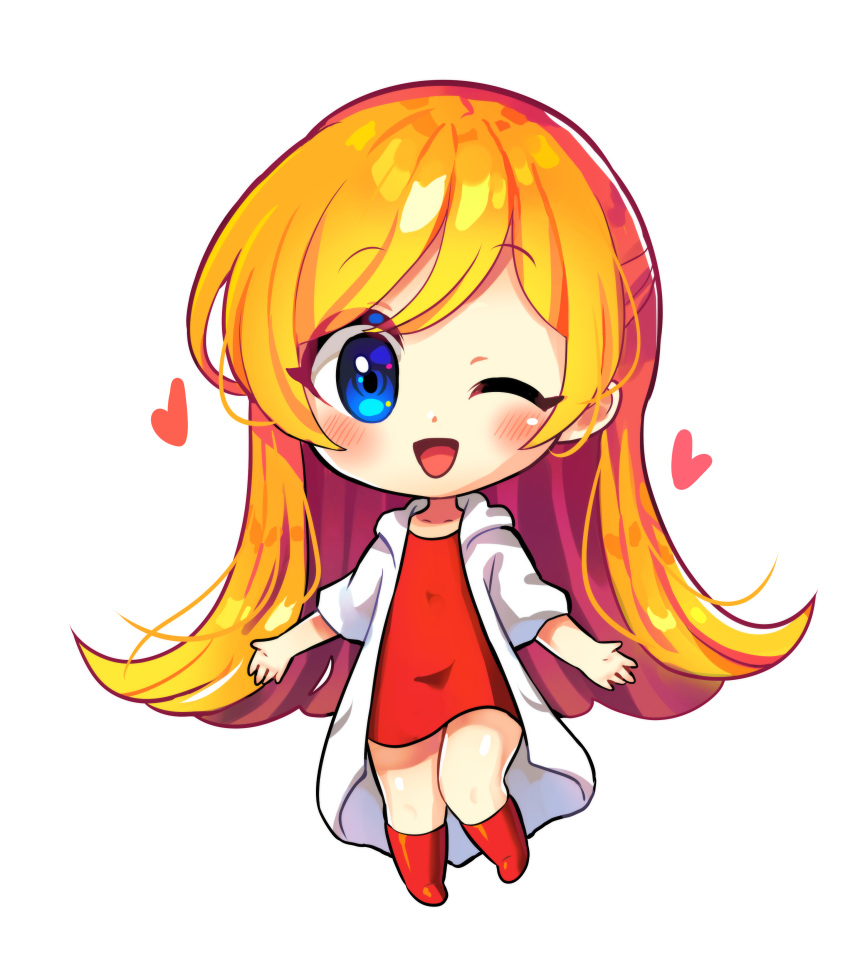 1girl absurdres blue_eyes blush chibi coat dress heart highres long_hair mona_(warioware) offbeat one_eye_closed open_clothes open_coat open_mouth orange_hair red_dress red_footwear simple_background smile warioware white_background white_coat
