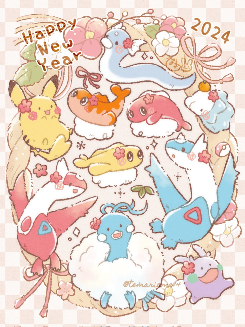 2024 :3 :d :o altaria artist_name black_eyes blush bright_pupils brown_background camellia checkered_background commentary_request dratini english_commentary flower food food_on_head fruit fruit_on_head goomy happy_new_year highres latias latios leaf looking_at_viewer mandarin_orange mixed-language_commentary no_humans object_on_head open_mouth pikachu pink_ribbon poke_ball poke_ball_(basic) pokemon pokemon_(creature) red_flower ribbon rope shimekazari simple_background smile snom solid_circle_eyes sparkle tatsugiri tatsugiri_(curly) tatsugiri_(droopy) tatsugiri_(stretchy) temariame14 twitter_username white_flower white_pupils