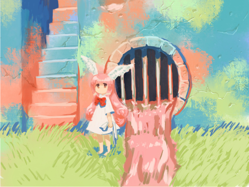 1girl barefoot bow bowtie brown_eyes colorful crack cracked_wall dress grass grate head_wings holding kezuru long_hair no_mouth original pink_hair pink_liquid red_bow red_bowtie sewer_grate solo stairs standing white_dress white_wings wings