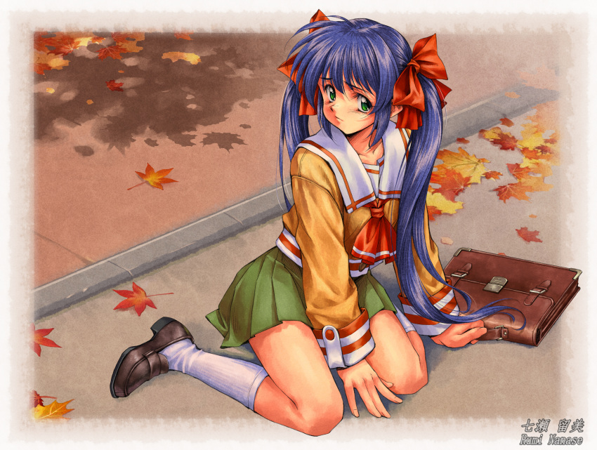 1girl bag black_footwear blue_hair blush bow brown_bag chinese_commentary closed_mouth commentary_request commission full_body green_eyes green_skirt hair_bow highres loafers long_sleeves longmei_er_de_tuzi looking_at_viewer nanase_rumi on_floor one_-_kagayaku_kisetsu_e pixiv_commission pleated_skirt red_bow sailor_collar school_bag school_uniform shirt shoes sidewalk skirt socks solo twintails white_sailor_collar white_socks yellow_shirt