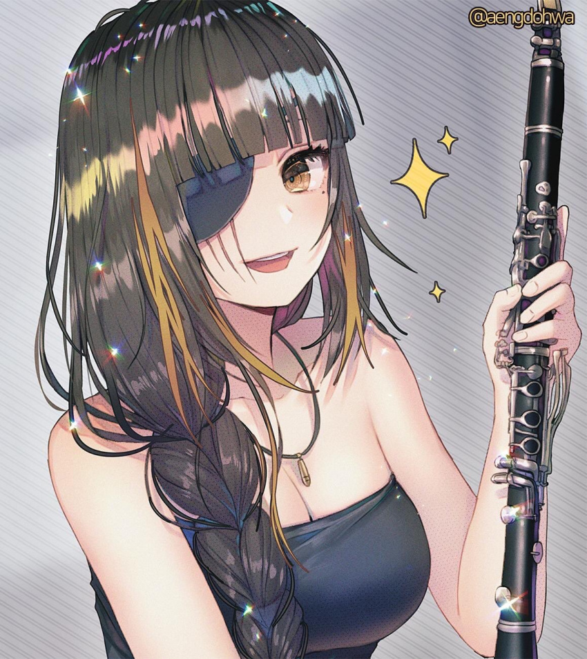 1girl black_dress braid brown_eyes brown_hair dress eyepatch girls_frontline hanato_(seonoaiko) highres holding holding_instrument instrument jewelry long_hair m16a1_(girls'_frontline) mole mole_under_eye multicolored_hair necklace open_mouth scar