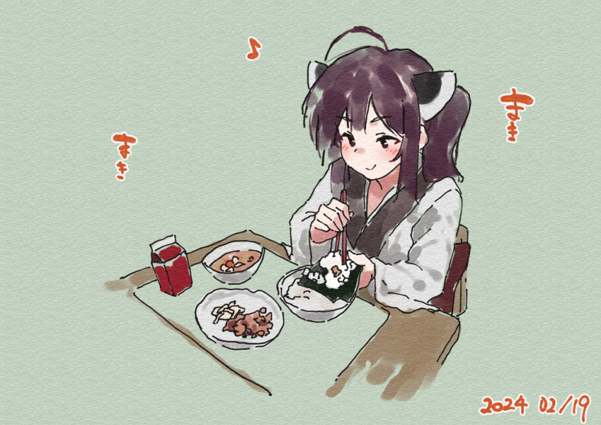 1girl ahoge blush brown_eyes brown_hair chopsticks closed_mouth commentary_request dated food food_request green_background headgear holding holding_chopsticks japanese_clothes kimono lamb_(hitsujiniku) long_sleeves on_chair simple_background sitting smile solo table touhoku_kiritan translation_request twintails voiceroid white_kimono wide_sleeves