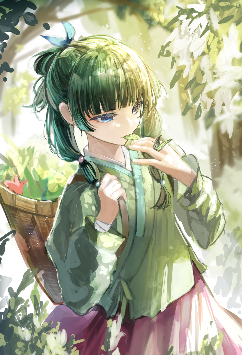 1girl absurdres basket blue_eyes blunt_bangs chinese_clothes commentary eating english_commentary freckles green_hair hair_ornament hair_ribbon herb heyshikikan highres holding holding_leaf kusuriya_no_hitorigoto leaf long_hair long_sleeves maomao_(kusuriya_no_hitorigoto) outdoors ribbon solo tree wide_sleeves