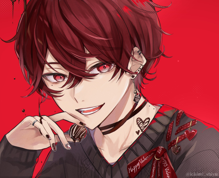 1boy chocolate choker ear_piercing earrings food food-themed_earrings happy_valentine highres holding holding_food ichimishiyu jewelry long_sleeves male_focus mole mole_under_eye nail_art nail_polish open_mouth original piercing red_background red_eyes redhead ribbon ring short_hair smile solo sweater