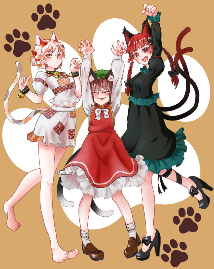 3girls animal_ears arm_up barefoot bell black_dress black_footwear bow bowtie braid brown_footwear brown_hair cat_day cat_ears cat_girl cat_tail chen closed_eyes commentary_request dress full_body goutokuji_mike high_heels highres kaenbyou_rin multicolored_hair multicolored_shirt multiple_girls multiple_tails neck_bell nekomata orange_eyes paw_print red_dress redhead shi_ppo_no shirt short_hair shorts side_braids socks tail touhou twin_braids two_tails white_bow white_bowtie white_hair white_shirt white_shorts white_socks