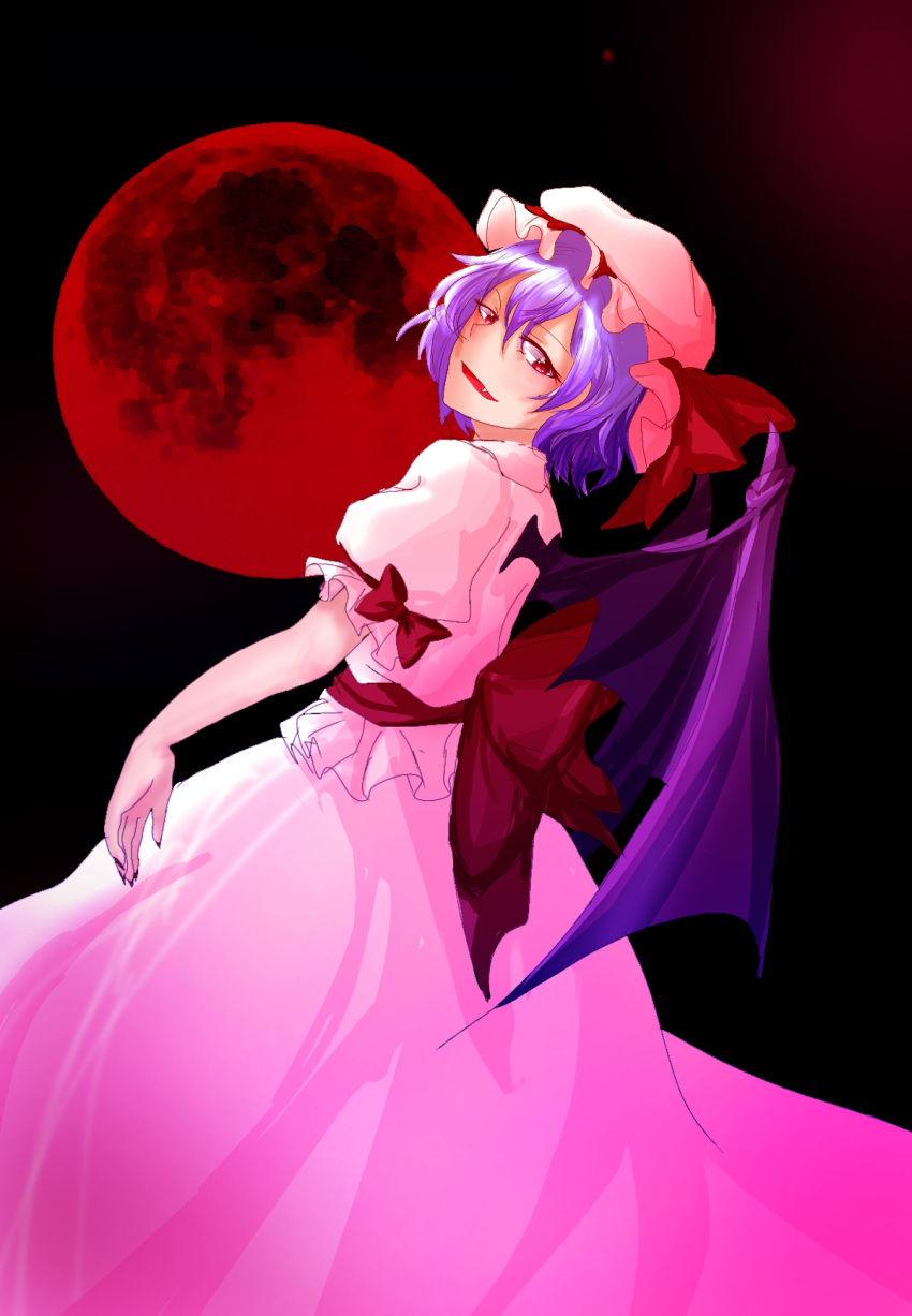 1girl ascot bat_wings blue_hair dress full_moon hat highres looking_at_viewer medium_hair mob_cap moon red_ascot red_eyes red_moon remilia_scarlet shee_take solo touhou white_dress wings