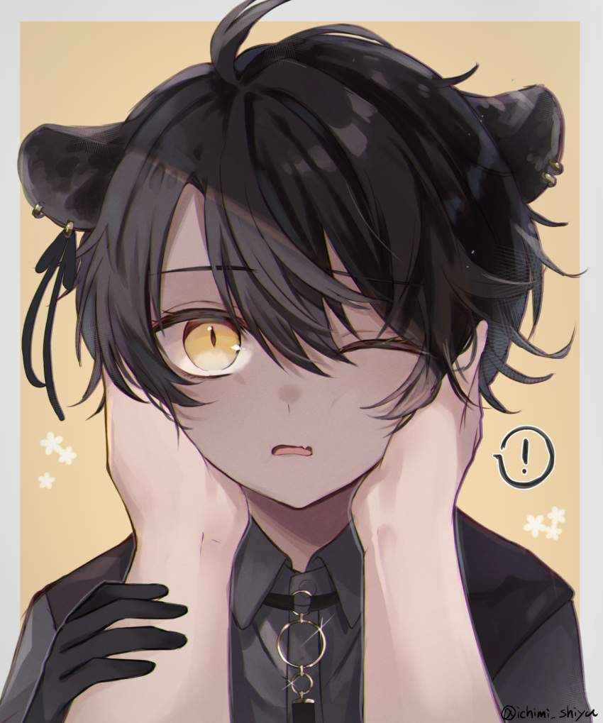 ! 1boy ahoge animal_ears black_hair collared_shirt dark-skinned_male dark_skin ear_piercing fang glint gloves hands_on_another's_cheeks hands_on_another's_face highres ichimishiyu looking_at_viewer male_focus one_eye_closed open_mouth original piercing shirt short_hair skin_fang slit_pupils spoken_exclamation_mark yellow_eyes