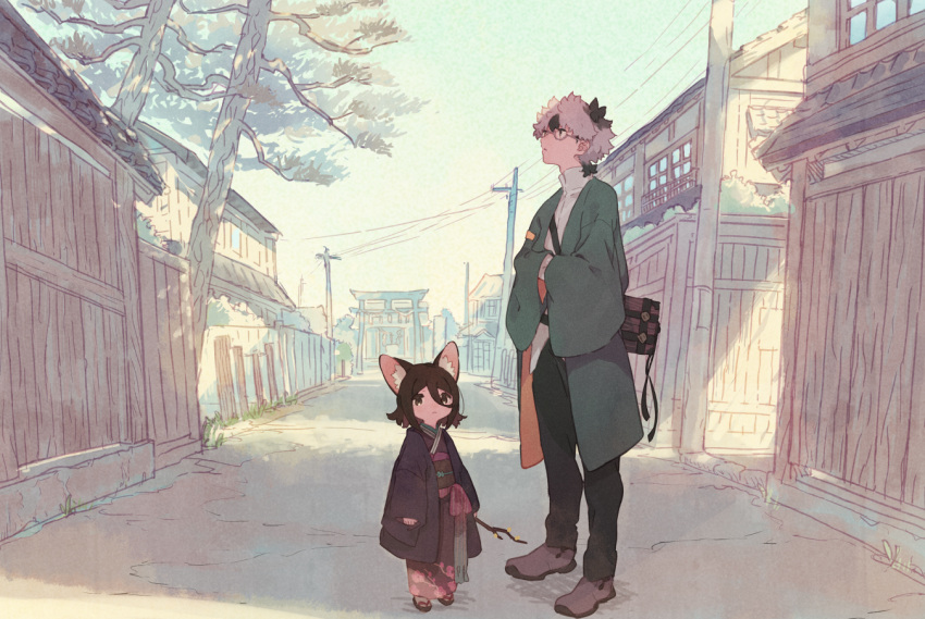 1boy 1girl animal_ear_request animal_ears architecture arms_at_sides black_hair black_pants building child commentary_request east_asian_architecture hair_between_eyes holding holding_stick japanese_clothes kimono original outdoors pants power_lines road shoes short_hair standing stick street urabe_(mstchan) utility_pole white_hair wide_sleeves