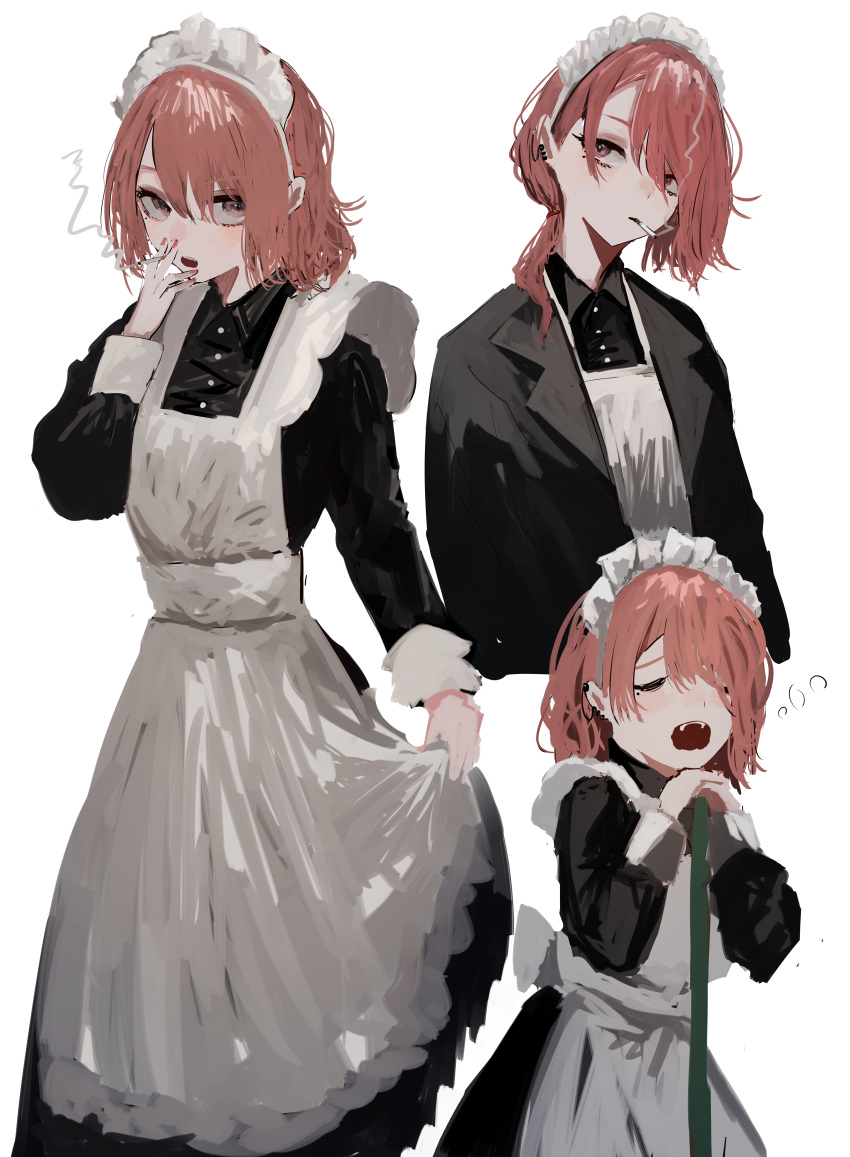 1girl absurdres apron broom cigarette closed_mouth grey_eyes highres holding holding_broom holding_cigarette jacket long_sleeves looking_at_viewer maid maid_apron maid_headdress mole mole_under_eye multiple_views open_mouth original piercing pikuson redhead short_hair simple_background skirt_hold white_apron white_background wrist_cuffs yawning