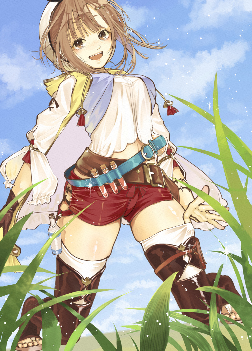 1girl :d absurdres adjusting_clothes adjusting_legwear atelier_(series) atelier_ryza atelier_ryza_1 bad_anatomy belt belt_buckle black_belt black_thighhighs blue_belt blue_sky blunt_bangs breasts brown_eyes brown_hair buckle clouds day grass hat highres kneeling light_particles long_sleeves looking_at_viewer medium_breasts medium_hair midriff_peek miquiaf open_mouth outdoors red_shorts reisalin_stout sandals shirt shorts sky smile solo strap test_tube thigh-highs thighs toeless_legwear toes upper_body vial white_headwear white_shirt