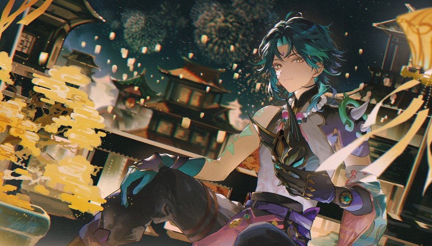 1boy ahoge aqua_hair architecture arm_tattoo armor artist_name asymmetrical_gloves baggy_pants belt black_gloves black_mask black_pants black_sky blue_gloves blue_hair closed_mouth dark_blue_hair detached_sleeves east_asian_architecture eyeshadow facial_mark fireworks forehead_mark gem genshin_impact gloves gold_trim green_gemstone hand_up highres holding holding_mask jar jewelry lantern long_sleeves looking_at_viewer makeup male_focus mandarin_collar mask mismatched_gloves multicolored_hair necklace night night_sky outdoors pants paper_lantern pearl_necklace purple_belt red_eyeshadow round_window shirt short_hair shoulder_armor signature single_bare_shoulder single_detached_sleeve sitting sky sleeveless sleeveless_shirt smile solo tassel tattoo tree two-tone_hair ueauwa white_shirt wide_sleeves window xiao_(genshin_impact) yellow_eyes